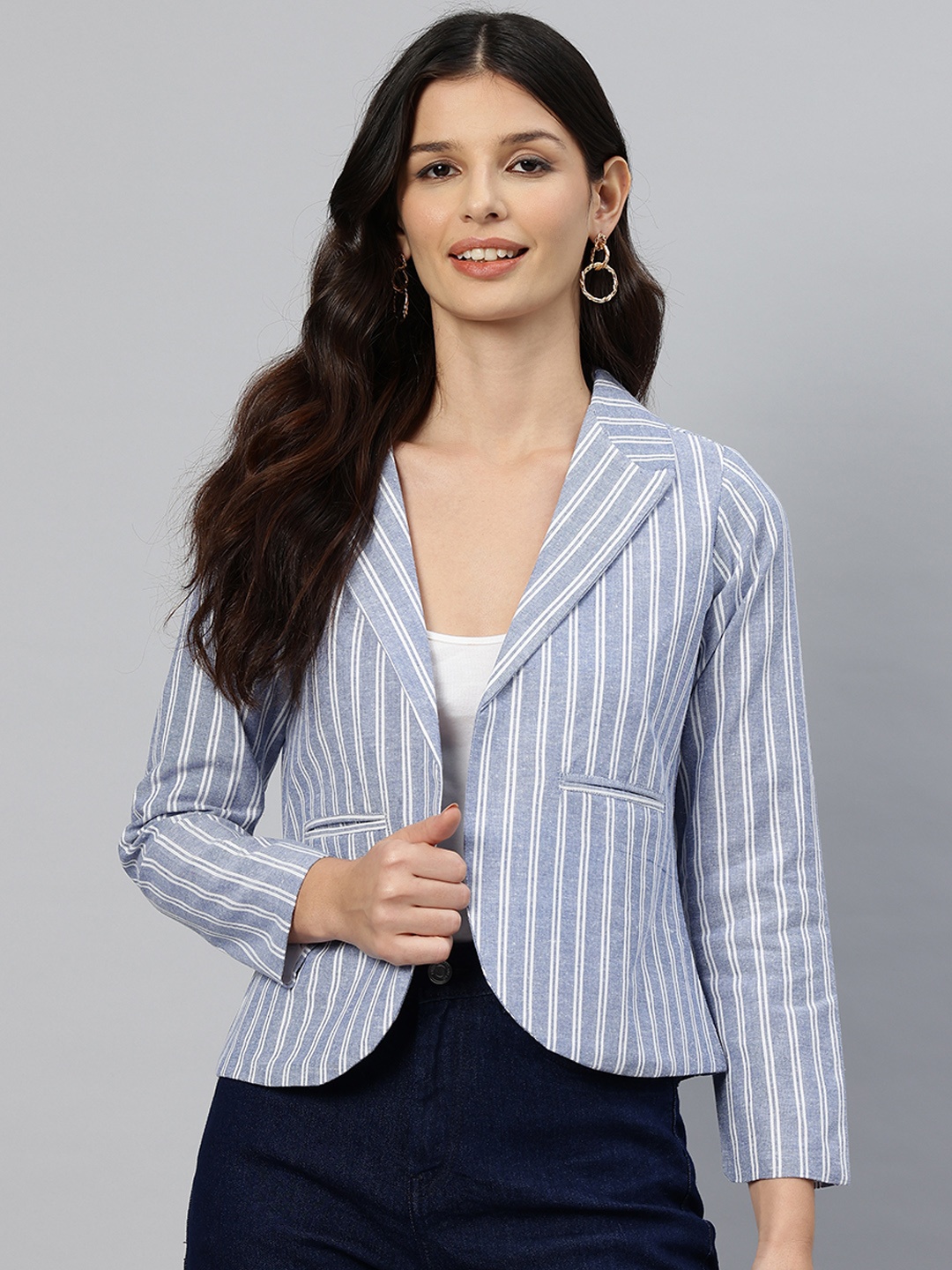 

Cottinfab Striped Open Front Pure Cotton Casual Blazer, Blue