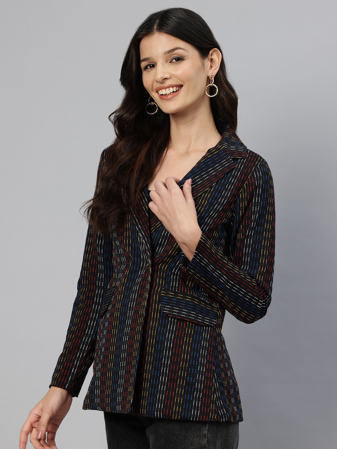 

Cottinfab Striped Double-Breasted Pure Cotton Semiformal Blazer, Multi