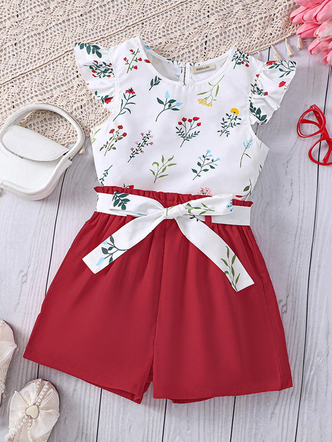 

INCLUD Girls Floral Printed Cap Sleeves Top With Shorts, Red