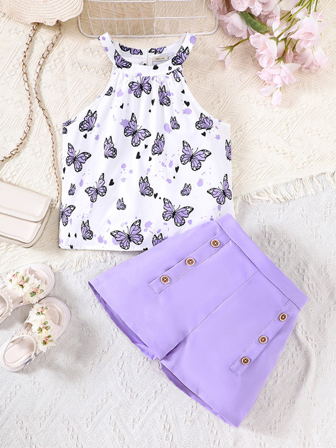 

INCLUD Girls Printed Halter Neck Top With High Waisted Shorts, Purple