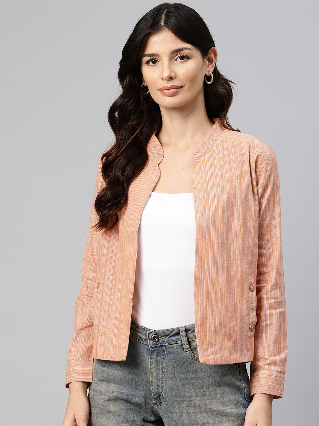 

Cottinfab Striped Lightweight Open Front Jacket, Peach