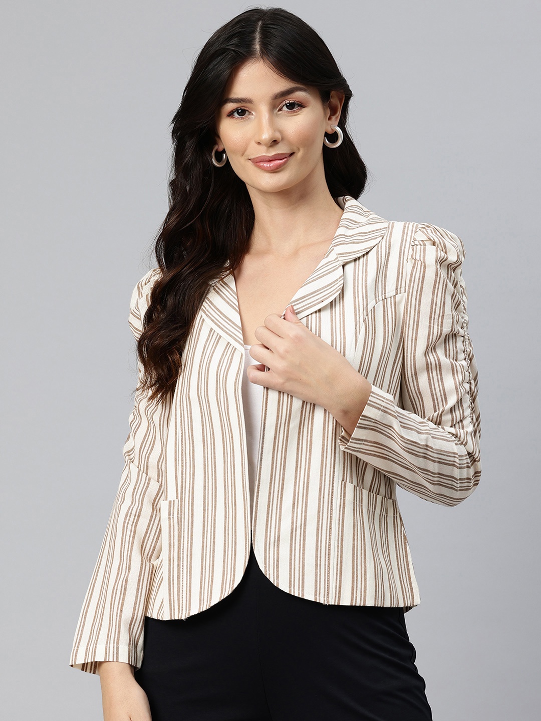 

Cottinfab Striped Lightweight Open Front Jacket, Off white