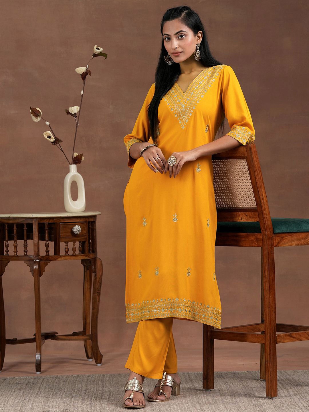 

Libas Floral Embroidered Zari Regular Straight Kurta with Palazzos, Yellow