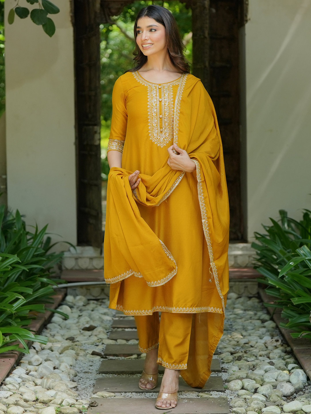 

Libas Floral Yoke Design Regular Zari A Line Kurta with Trousers & Dupatta, Mustard