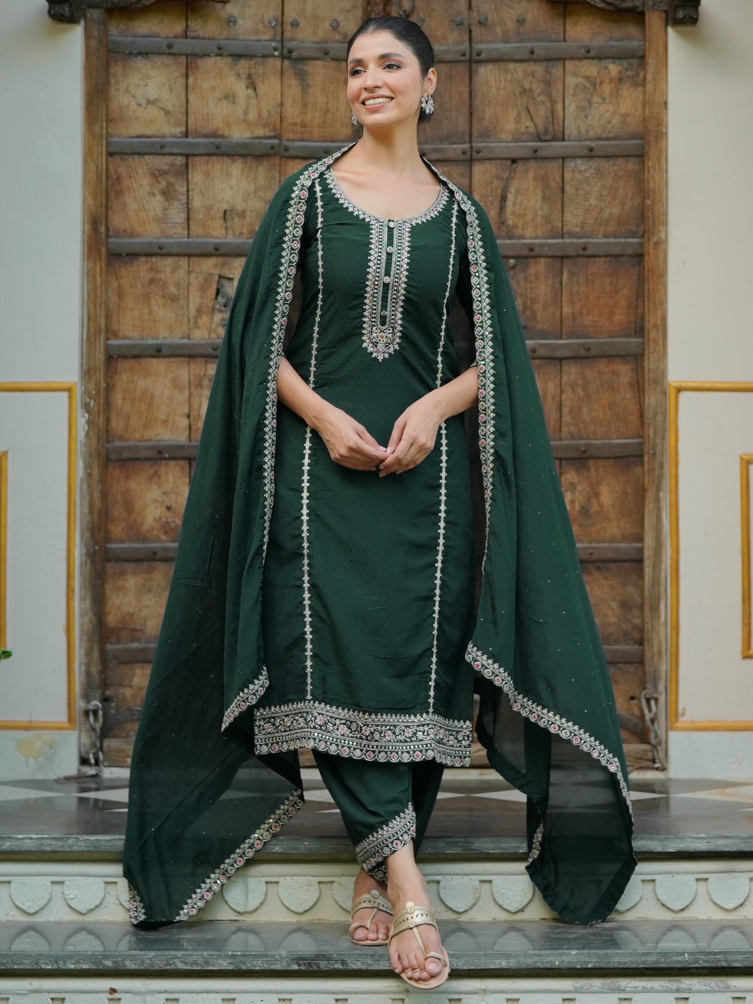 

Libas Floral Embroidered Zari Work Dobby Weave Straight Kurta With Dhoti Pants & Dupatta, Green