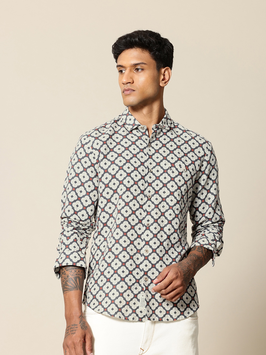 

Mr Bowerbird Men Premium Tailored Fit Printed Linen Cotton Casual Shirt, White