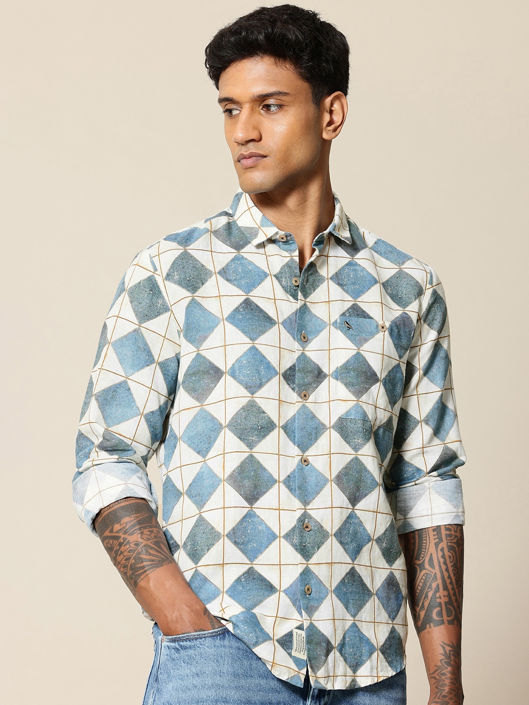 

Mr Bowerbird Men Premium Tailored Fit Printed Linen Cotton Casual Shirt, Blue