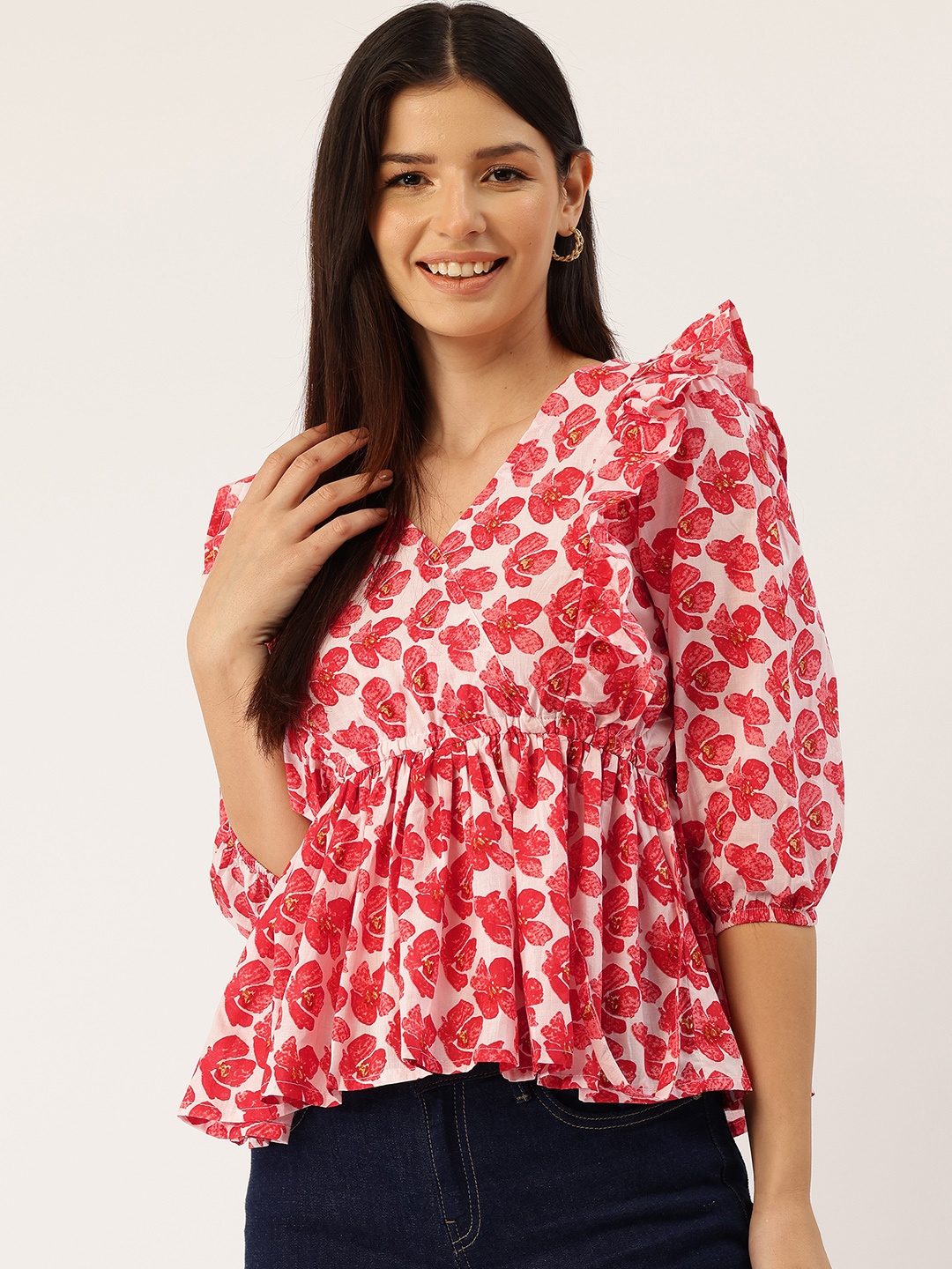 

FERANOID Floral Print Ruffles Cotton Peplum Top, Red