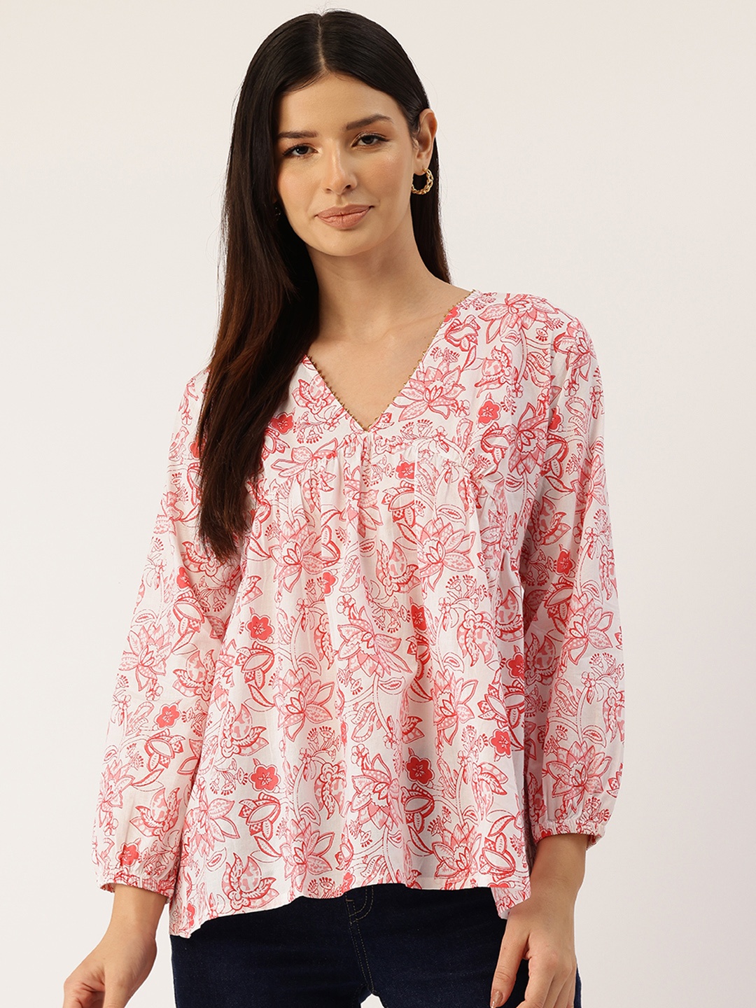 

FERANOID Floral Printed Cotton Top, Pink