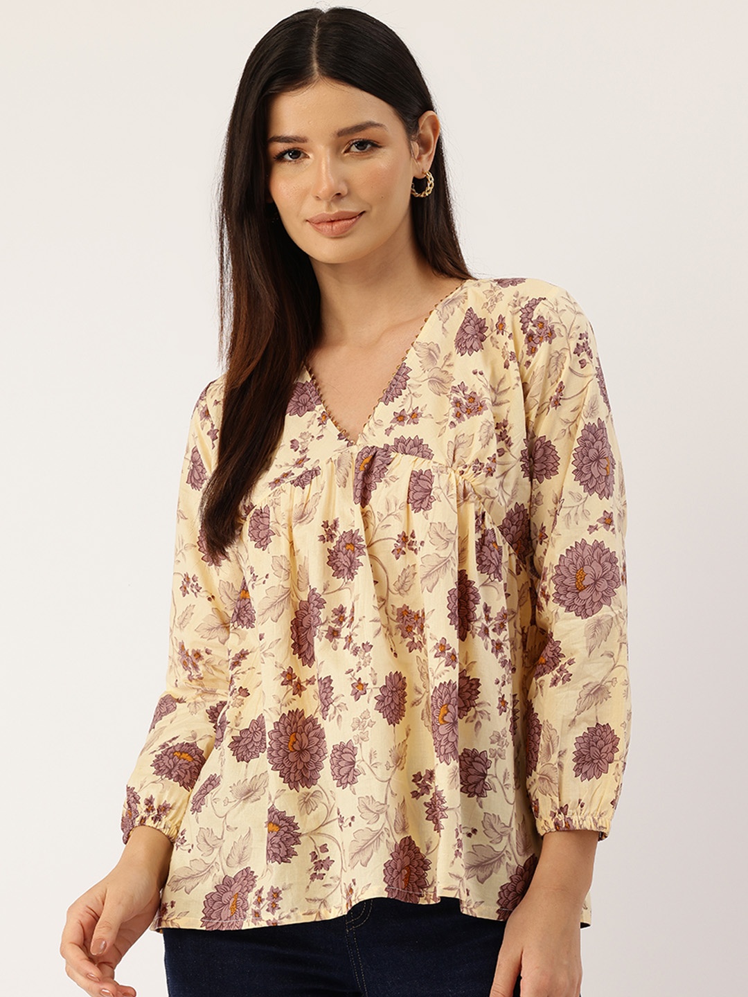 

FERANOID Floral Printed Gathered Cotton Top, Yellow