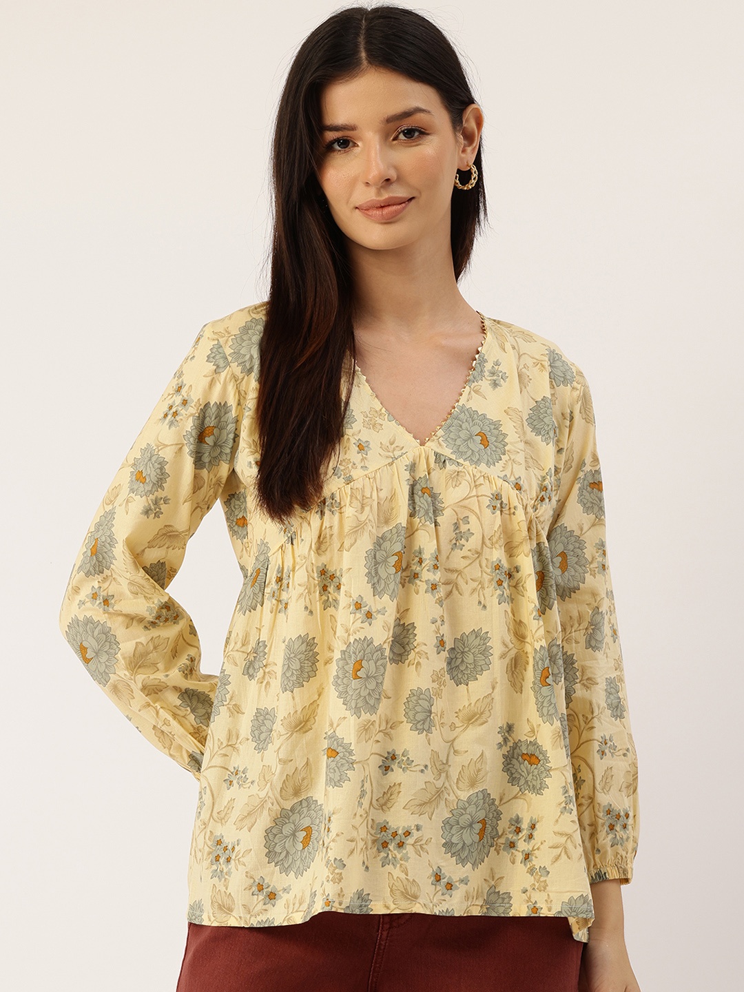 

FERANOID Floral Printed Gathered Cotton Top, Yellow