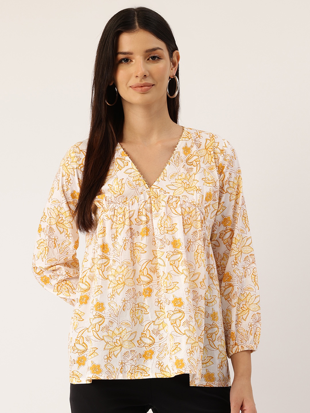 

FERANOID Floral Print Puff Sleeve Cotton Empire Top, Yellow