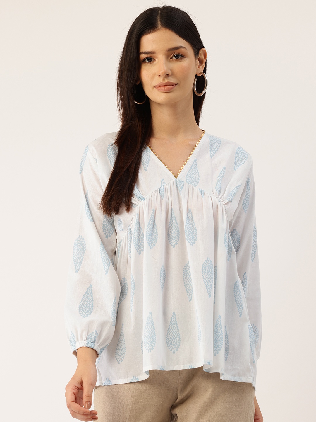 

FERANOID Print Puff Sleeve Ethnic Cotton Empire Longline Top, White