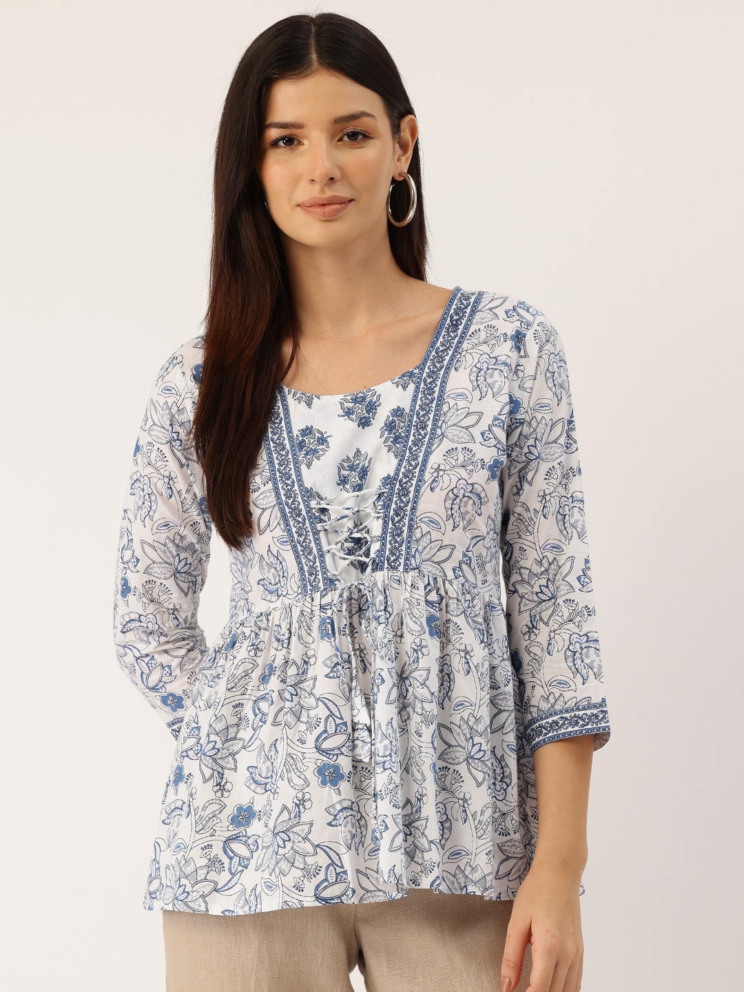 

FERANOID Floral Print Cotton Peplum Top, Blue