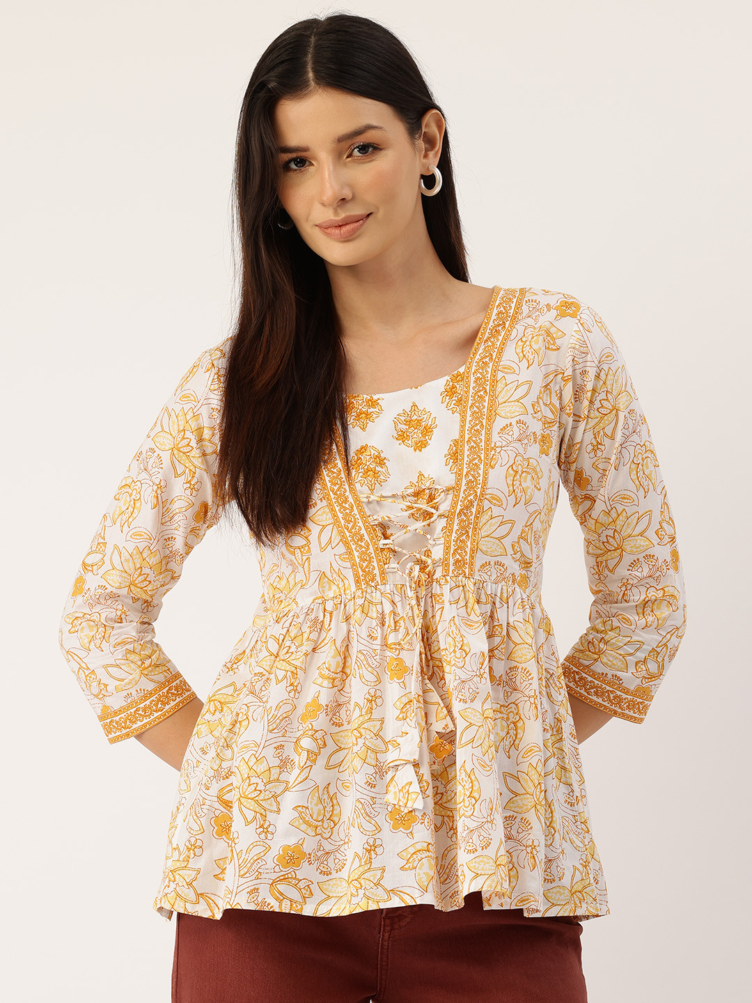 

FERANOID Floral Print Cotton Peplum Top, Yellow