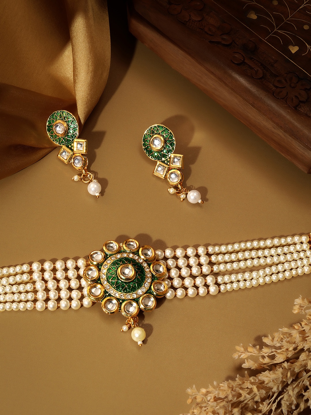 

AARSHVI Gold-Plated Beaded Chocker Necklace & Drop Earring Set