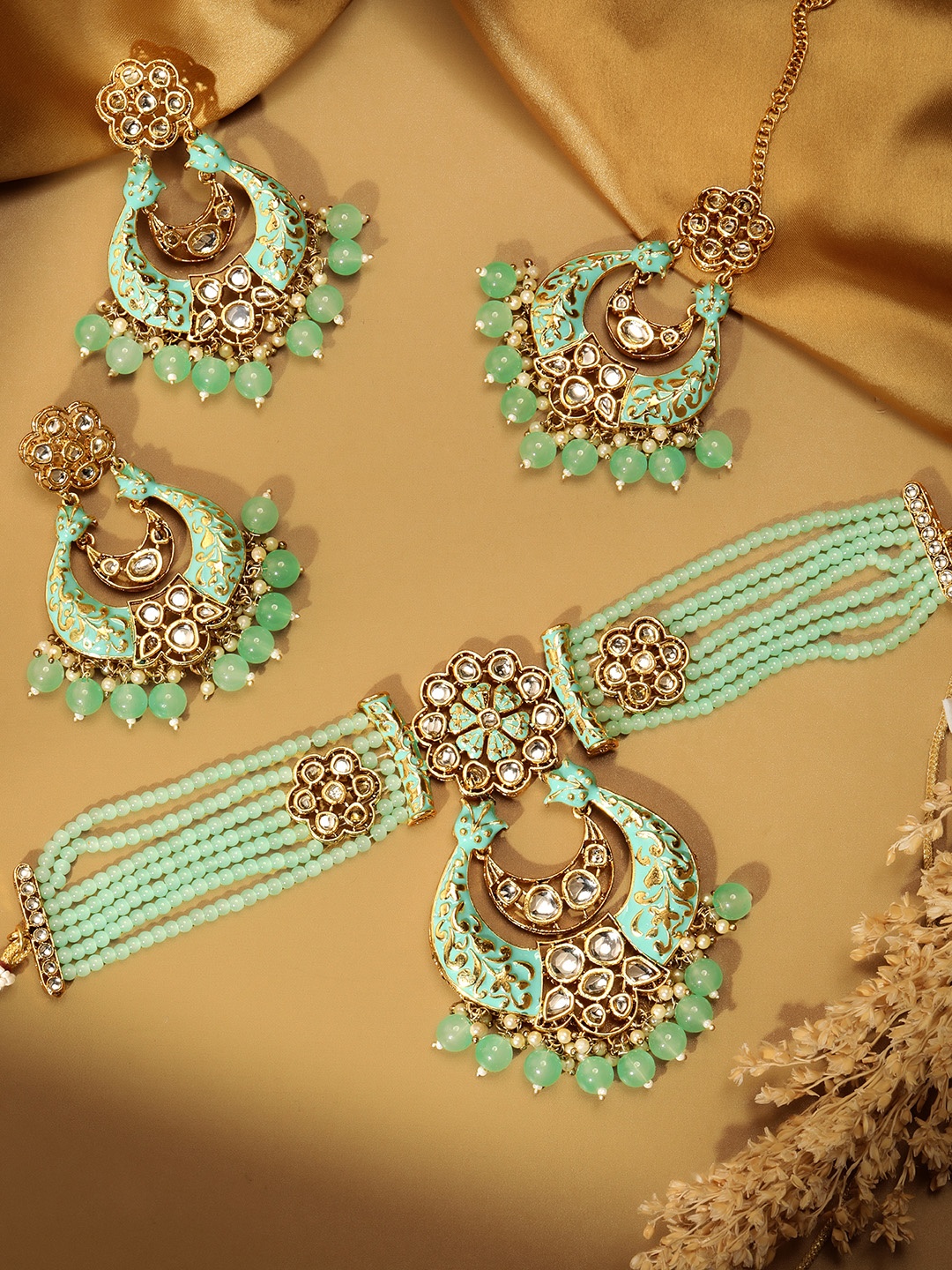 

AARSHVI Gold-Plated Beaded Necklace With Drop Earring & Maang Tika Set