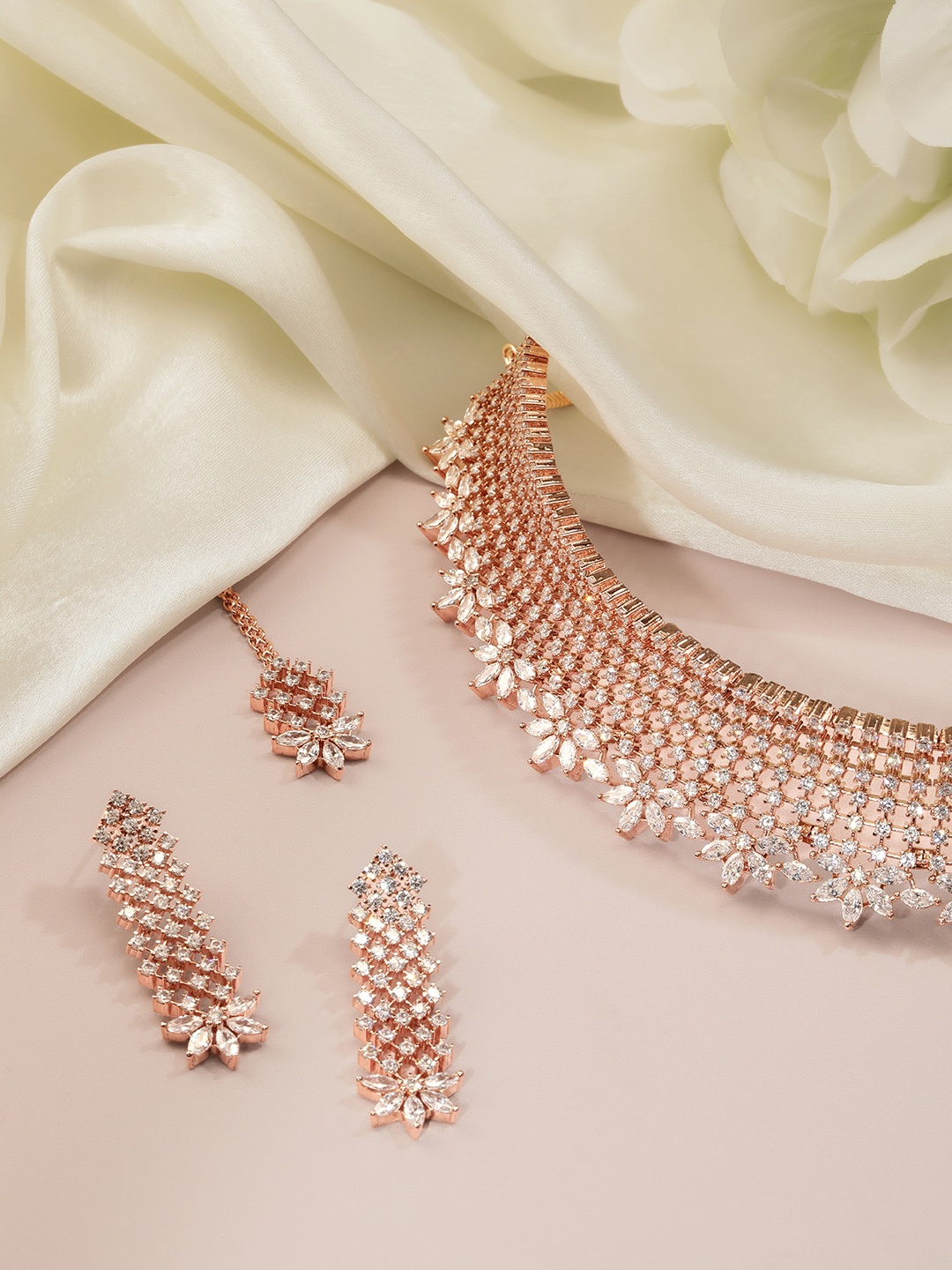 

AARSHVI Rose Gold-Plated AD Studded Necklace With Earring & Maang TikaSet