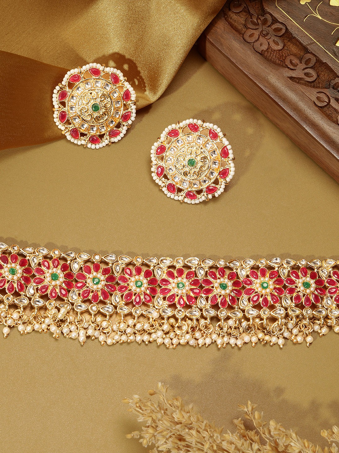 

AARSHVI Gold-Plated Kundan Stone-Studded Chocker Style Necklace & Studs Set