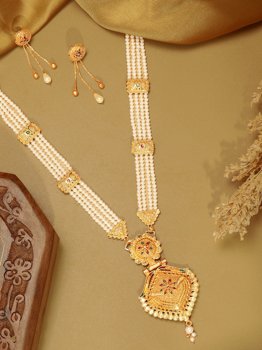 

AARSHVI Gold-Plated Multi-Strand Beaded Necklace & Drop Earring Set