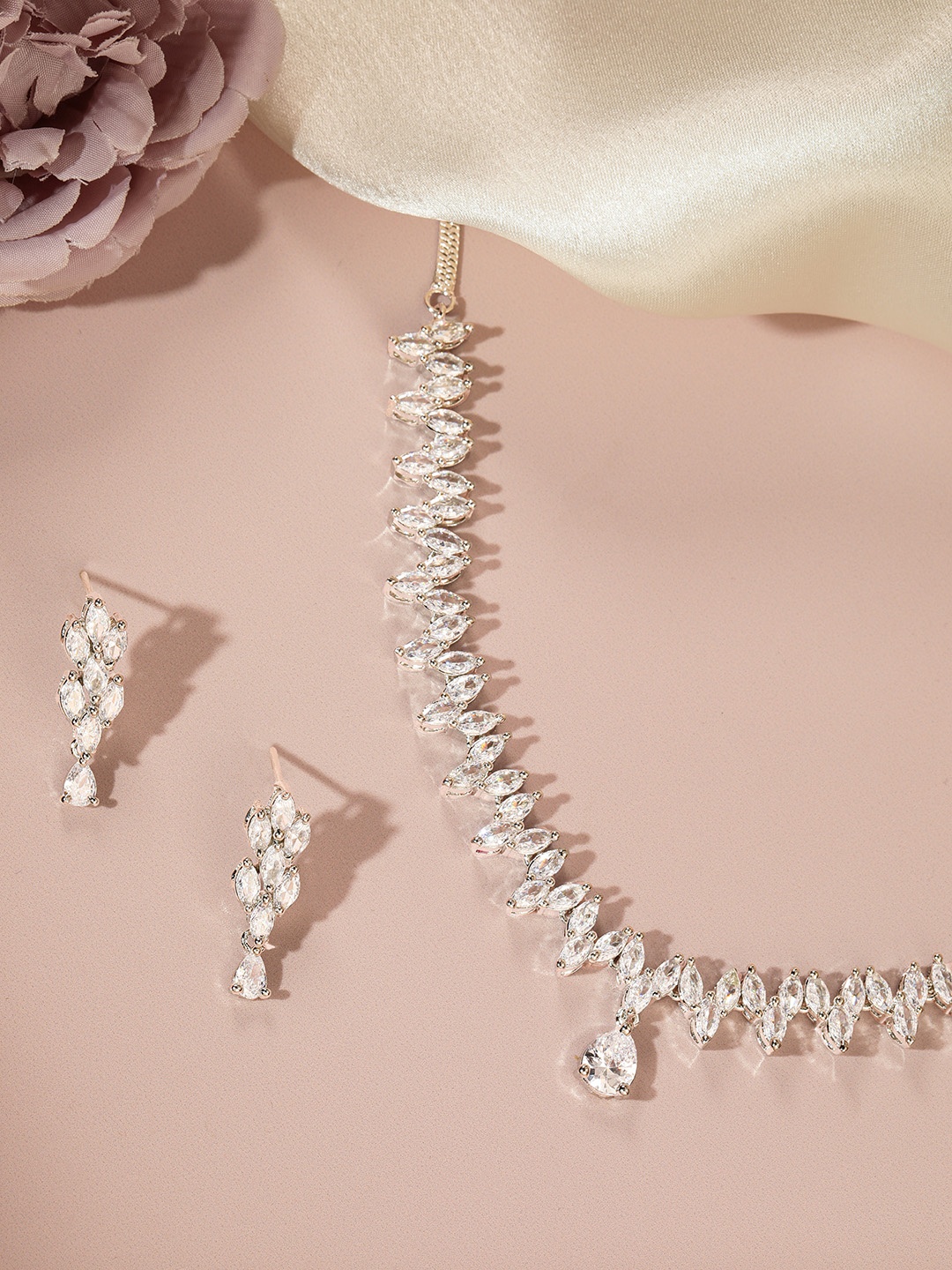 

AARSHVI Silver-Plated American Diamond CZ Studded Necklace & Earring Set