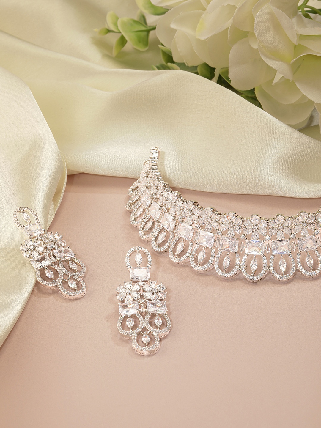 

AARSHVI Silver-Plated American Diamond CZ Studded Chocker & Earring Set