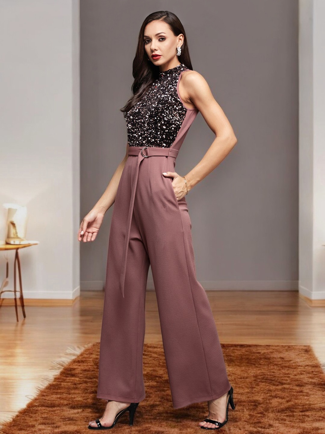 

Miss Chase Women Sleeveless Embellished Halter Neck Regular Jumpsuit, Mauve