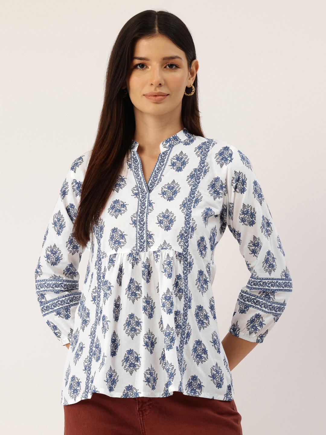 

FERANOID Ethnic Print Mandarin Collar Top, Blue