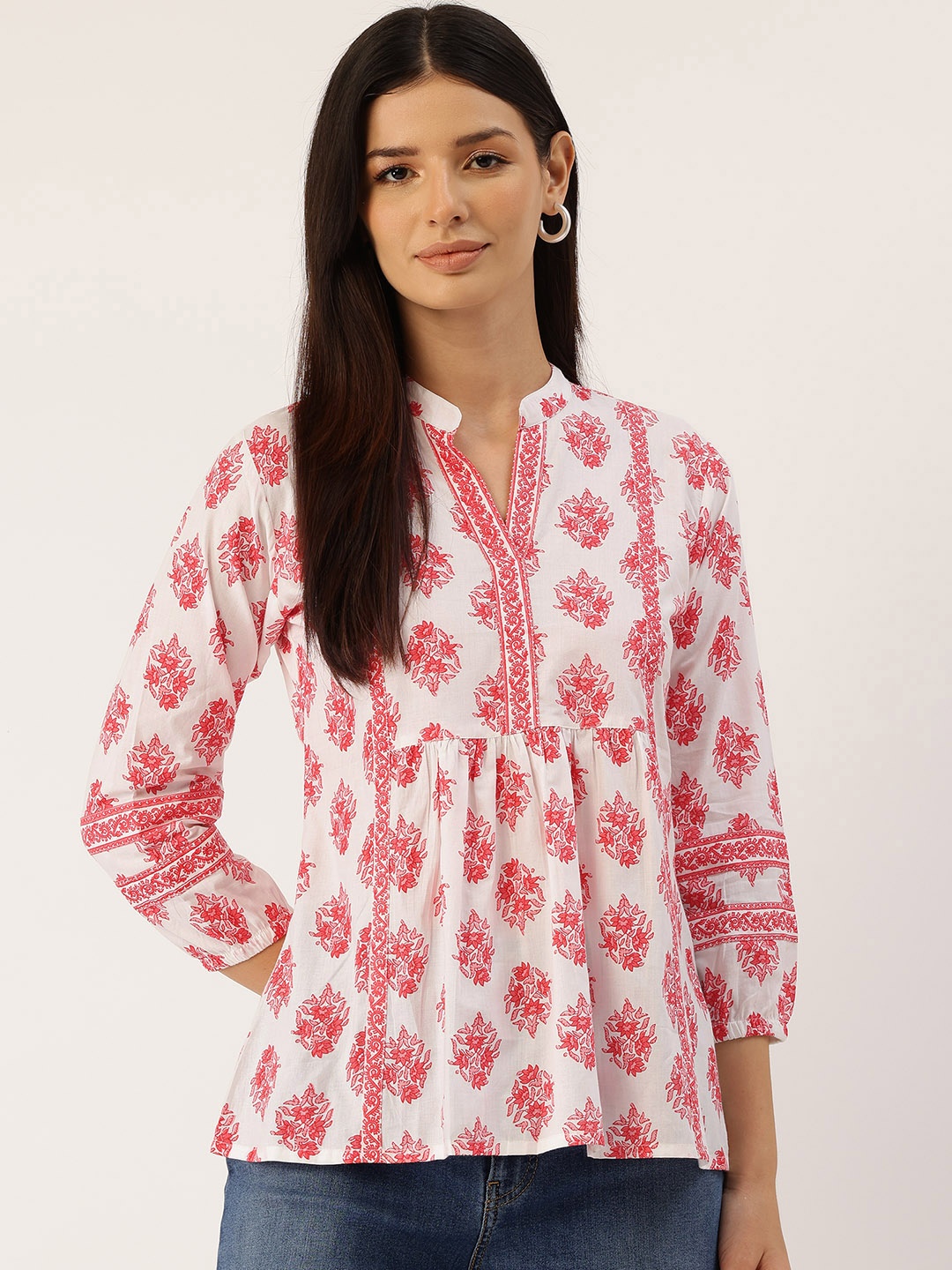 

FERANOID Floral Printed Panelled A-line Top, Pink