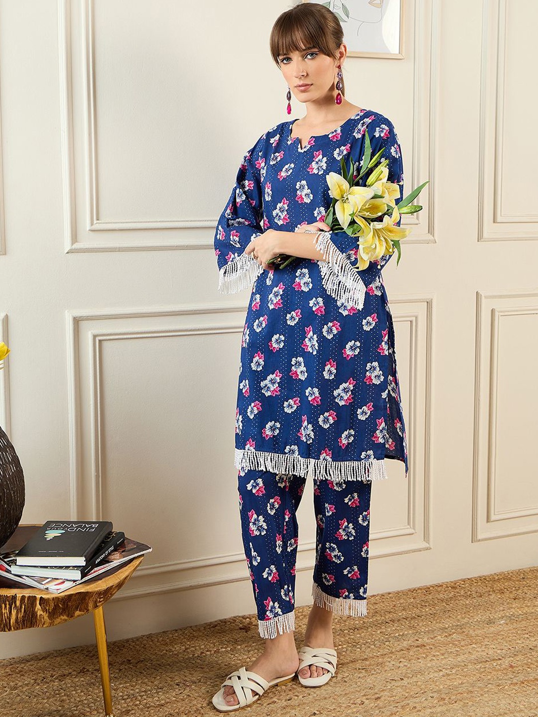 

Indo Era Floral Printed Sweetheart Collar Pure Cotton Tunic With Trouser, Blue