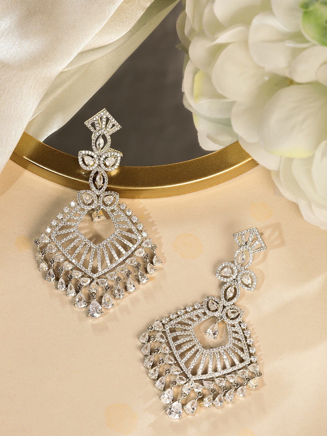 

AARSHVI Silver-Plated American Diamond CZ Contemporary Drop Earrings