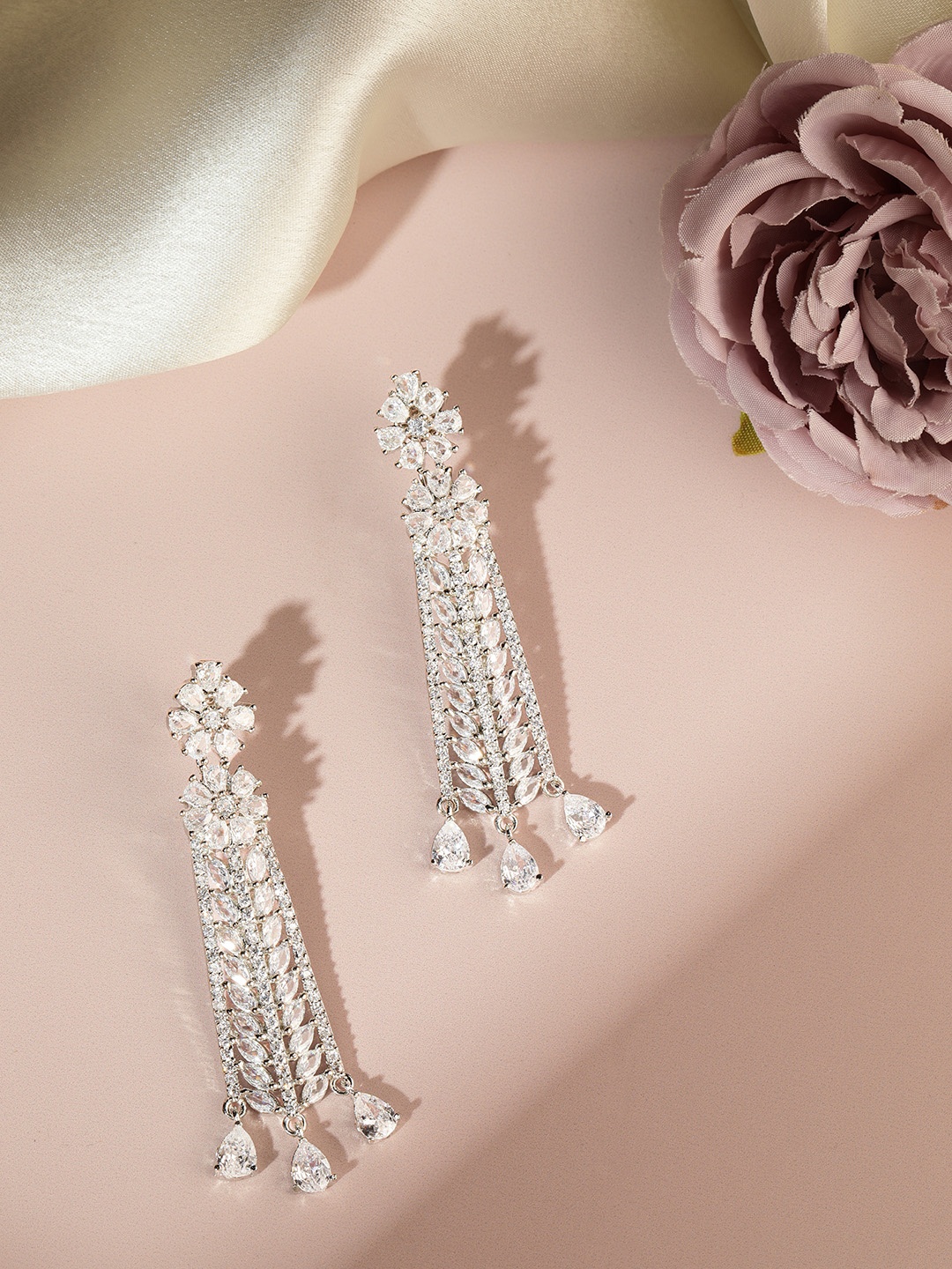 

AARSHVI Silver-Plated American Diamond CZ Contemporary Drop Earrings