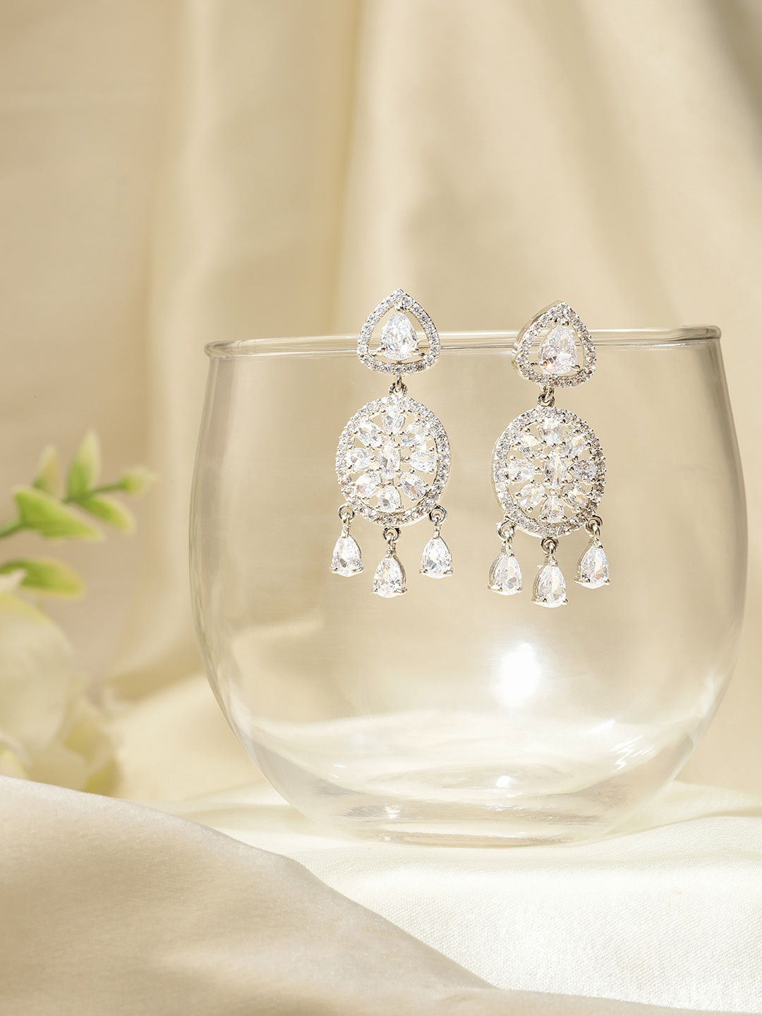 

AARSHVI Silver-Plated American Diamond CZ Circular Drop Earrings