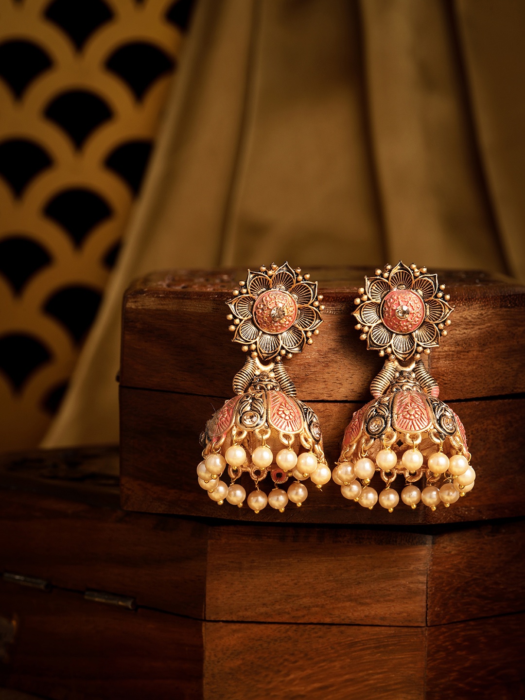 

AARSHVI Gold-Plated Meenakari Dome Shaped Jhumkas