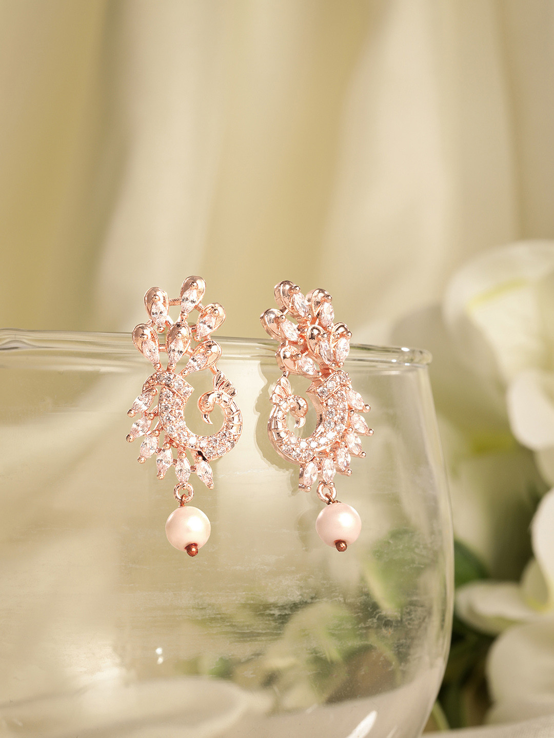 

AARSHVI Rose Gold-Plated American Diamond CZ Contemporary Drop Earrings