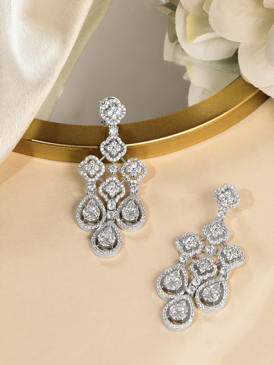 

AARSHVI Silver-Plated American Diamond CZ Contemporary Drop Earrings