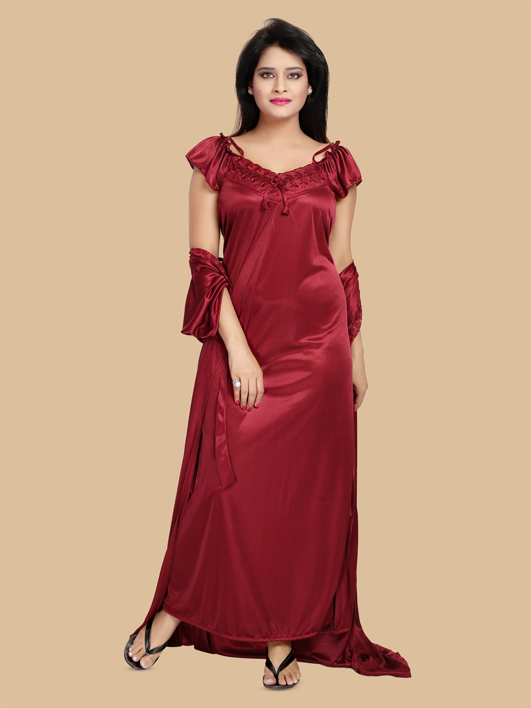 

Noty Pack of 4 Solid Short Sleeves Maxi Nightdress, Maroon