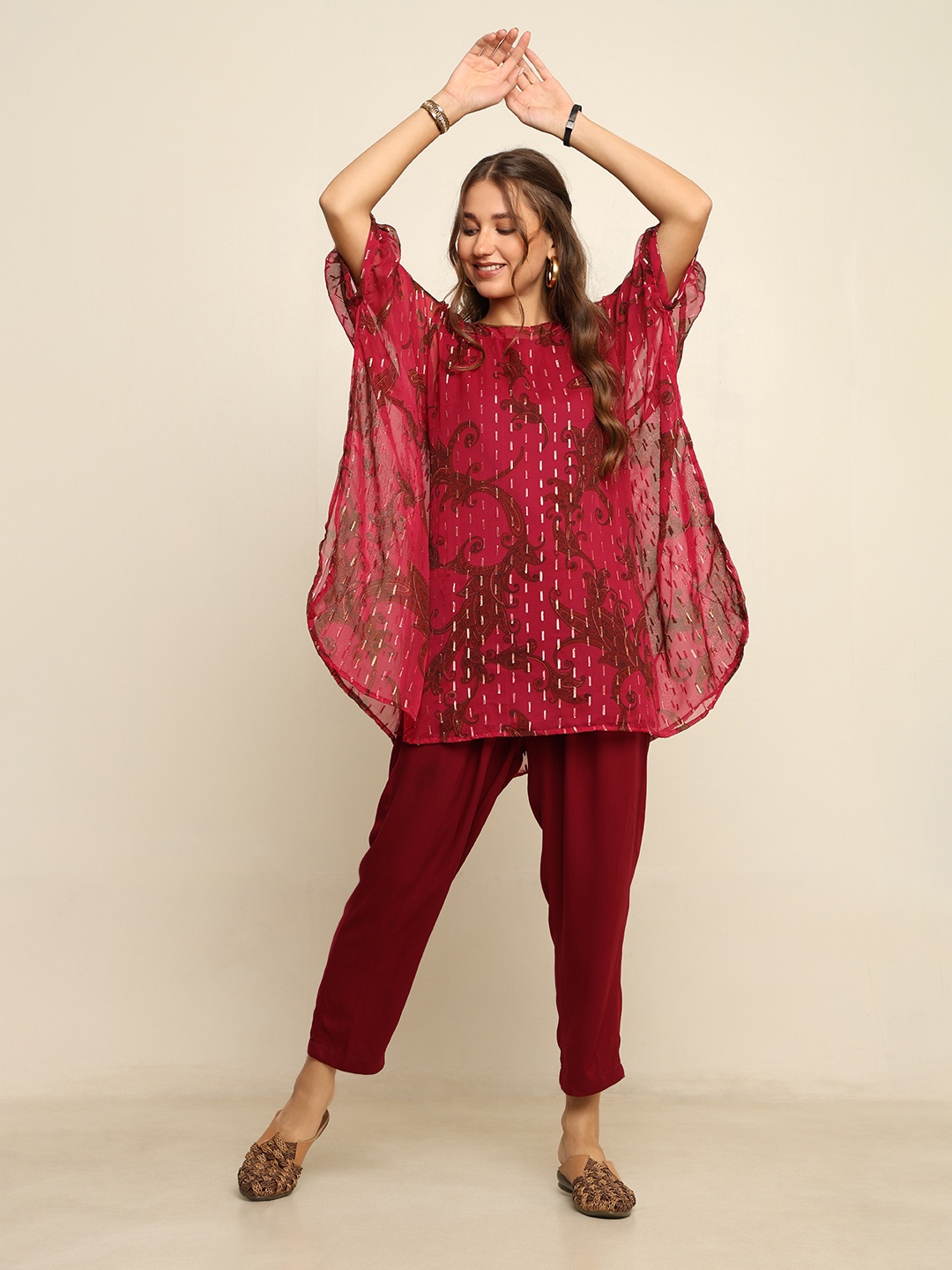 

CRAFTBAZAR Bling Collection Floral Printed Silk Chiffon Tunic With Trouser, Magenta