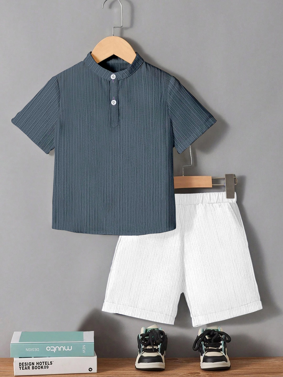 

OMPAX Band Collar Shirt With Shorts, Grey