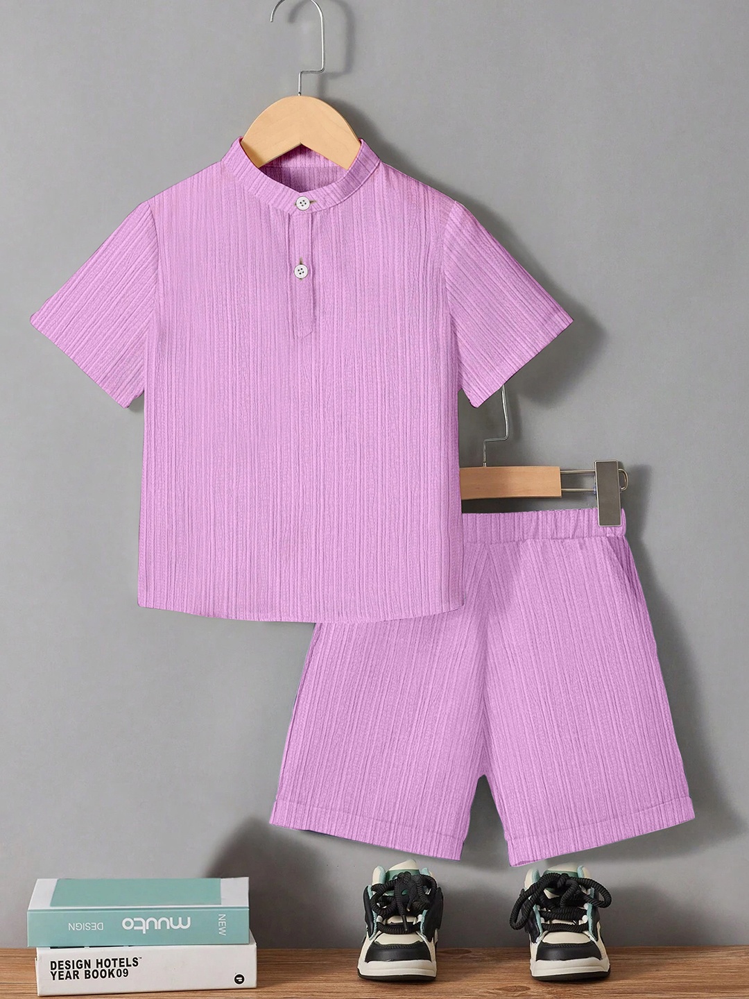 

OMPAX Band Collar T-Shirt With Shorts, Purple