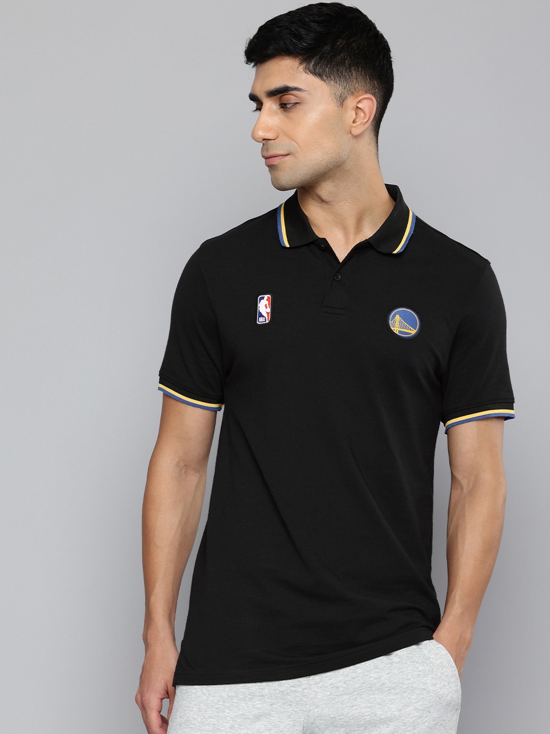 

NBA Men Golden State Warriors Polo Collar Applique Pure Cotton T-shirt, Black