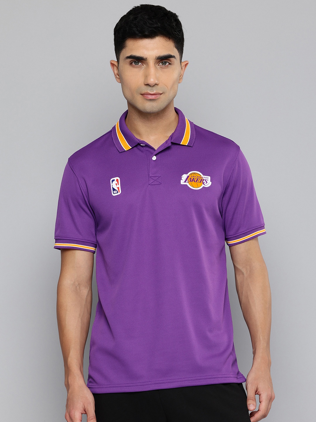 

NBA Men Los Angeles Lakers Printed Polo Collar Applique T-shirt, Purple