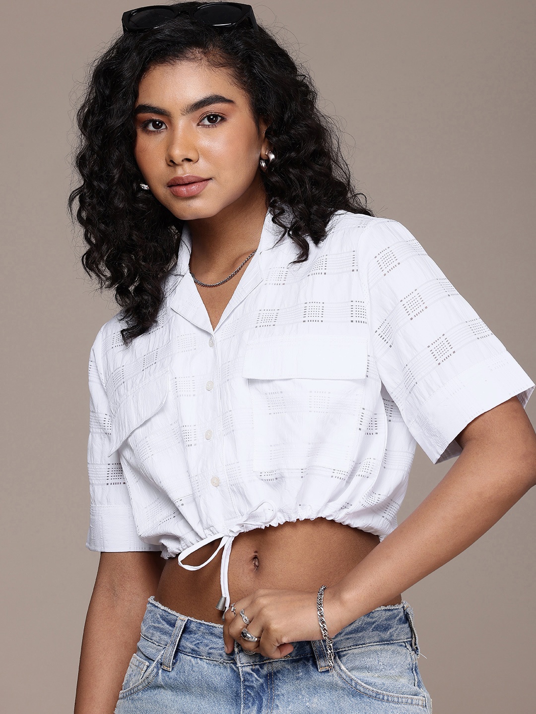 

Roadster Checked Cotton Shirt Style Crop Top, White