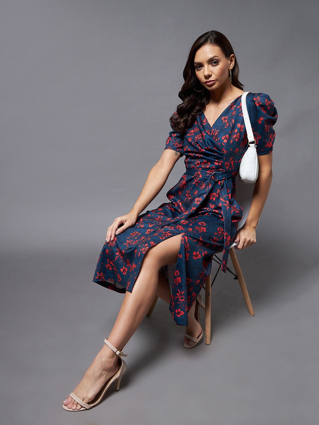 

Miss Chase Women V-neck Puff Sleeve Floral Wrap Midi Dress, Blue