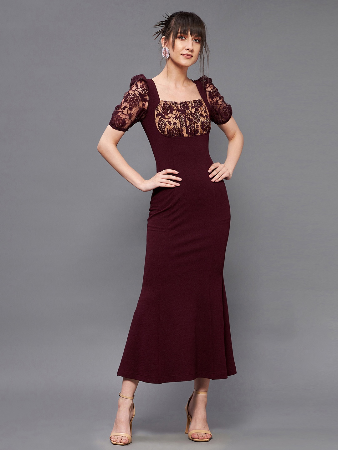 

Miss Chase Women Square Neck Short Puff Sleeve Lace Overlaid Bodycon Midi Dress, Maroon