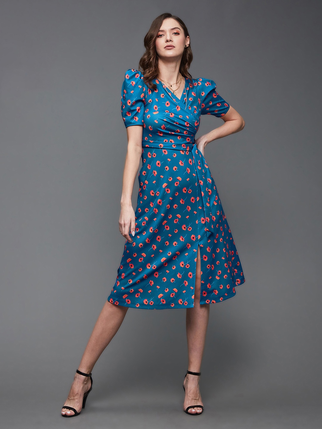

Miss Chase Women V-Neck Pleated Puff Sleeve Floral Patterned Wrap Midi Dress, Blue