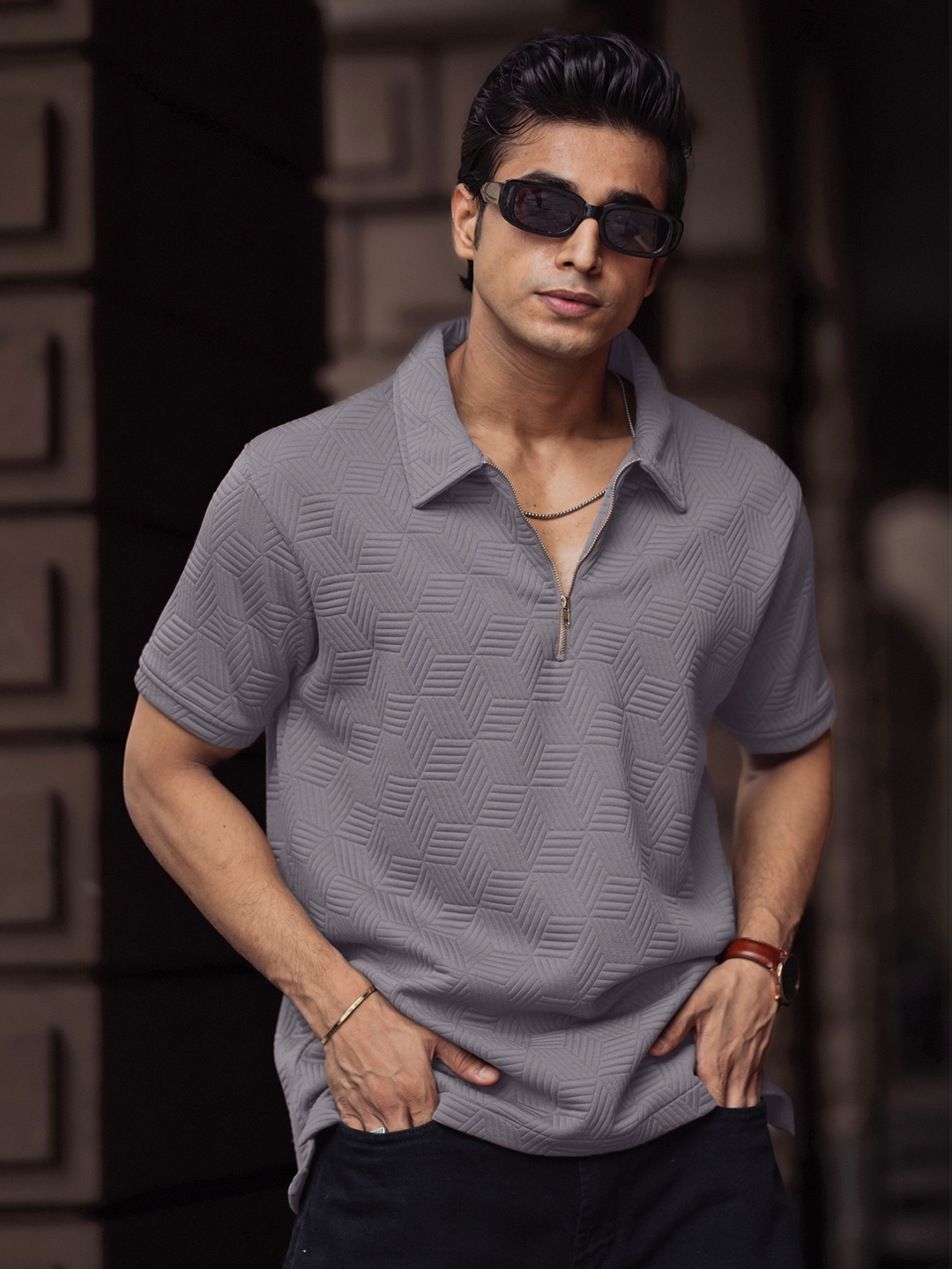 

Powerlook Men Solid Polo Collar Oversized T-Shirt, Grey