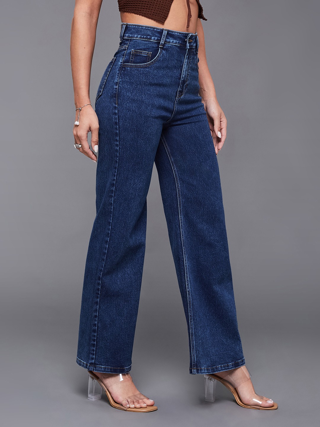 

Miss Chase Women Wide-Leg High-Rise Mildly Distressed Stretchable Denim Jeans, Blue