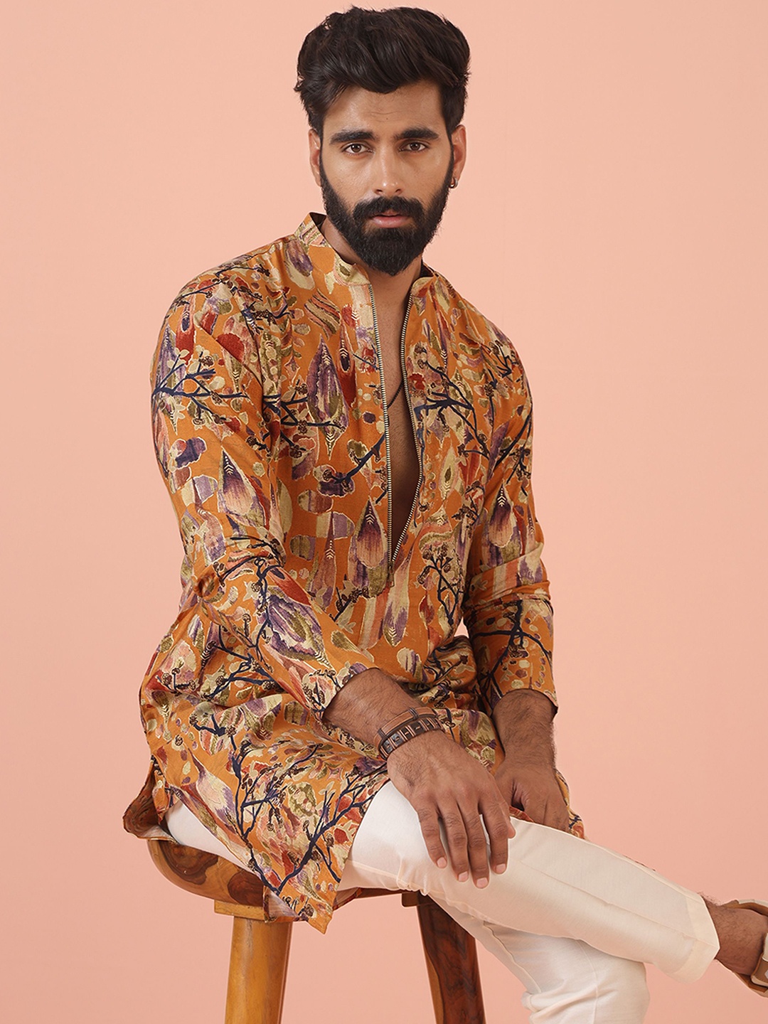 

KISAH Men Abstract Regular Fit Floral Printed Kurta Trouser Set, Yellow