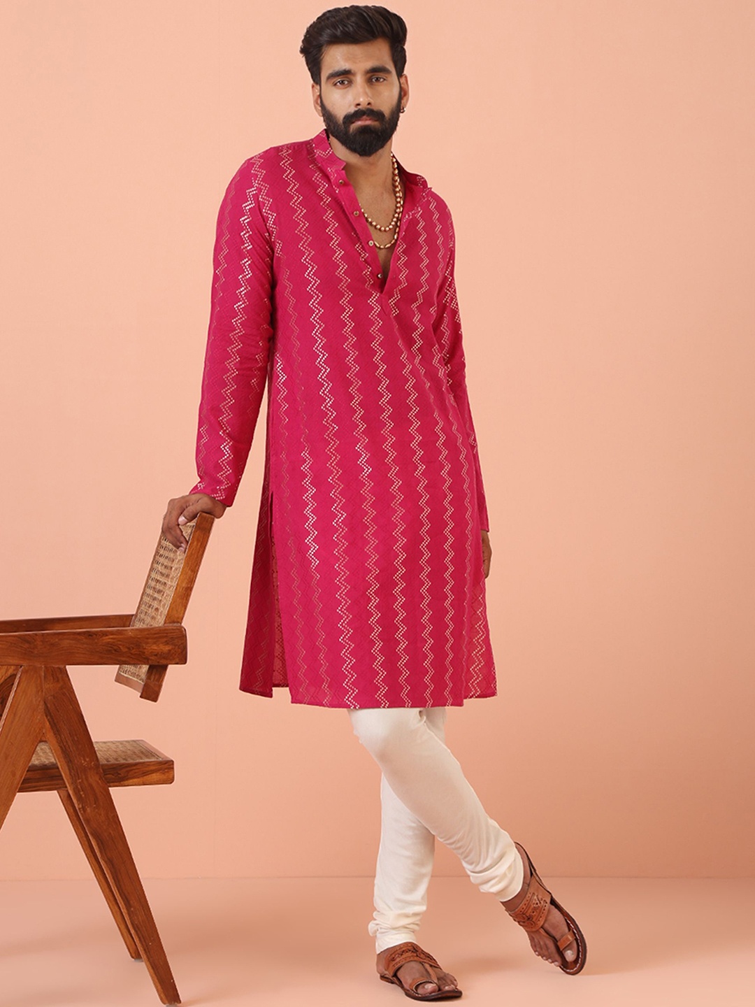 

KISAH Men Regular Fit Woven Design Kurta Pyjama Set, Pink